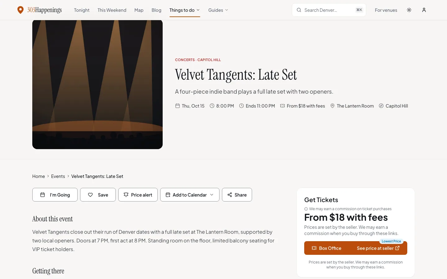 An event page on a desktop for a concert: cover art, title, date, time and venue at the top, a description, and a Get Tickets panel with a from-price including fees and a box office button.