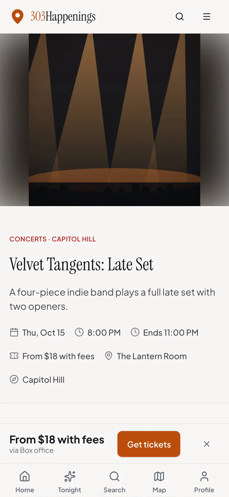 An event page on a phone: cover art, title, date, time and venue, with a bar fixed to the bottom showing the from-price and a Get tickets button.
