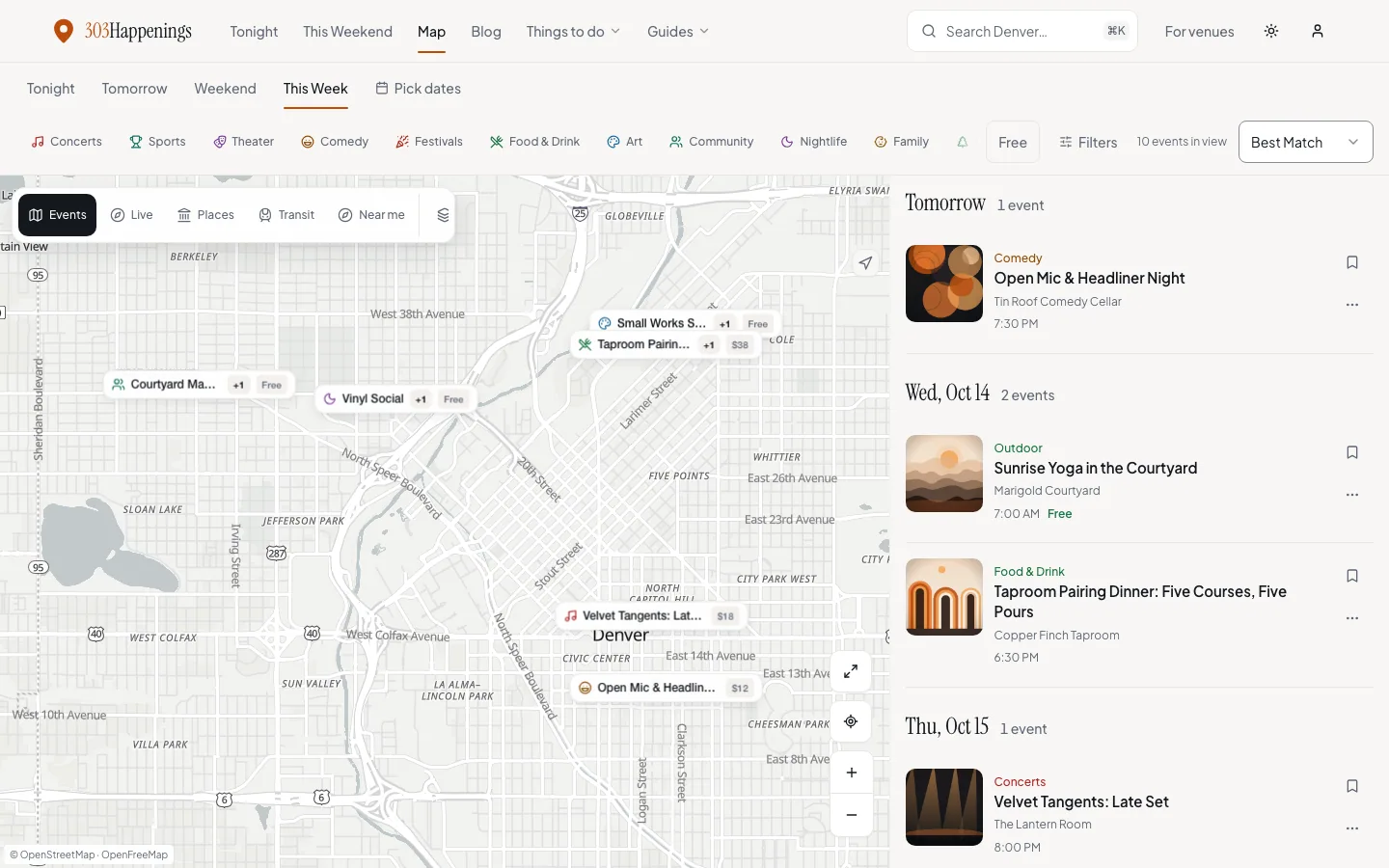 The 303Happenings explore page on a desktop: a map of central Denver with labeled event pins beside a day-by-day list of upcoming events, each with cover art, venue and start time.