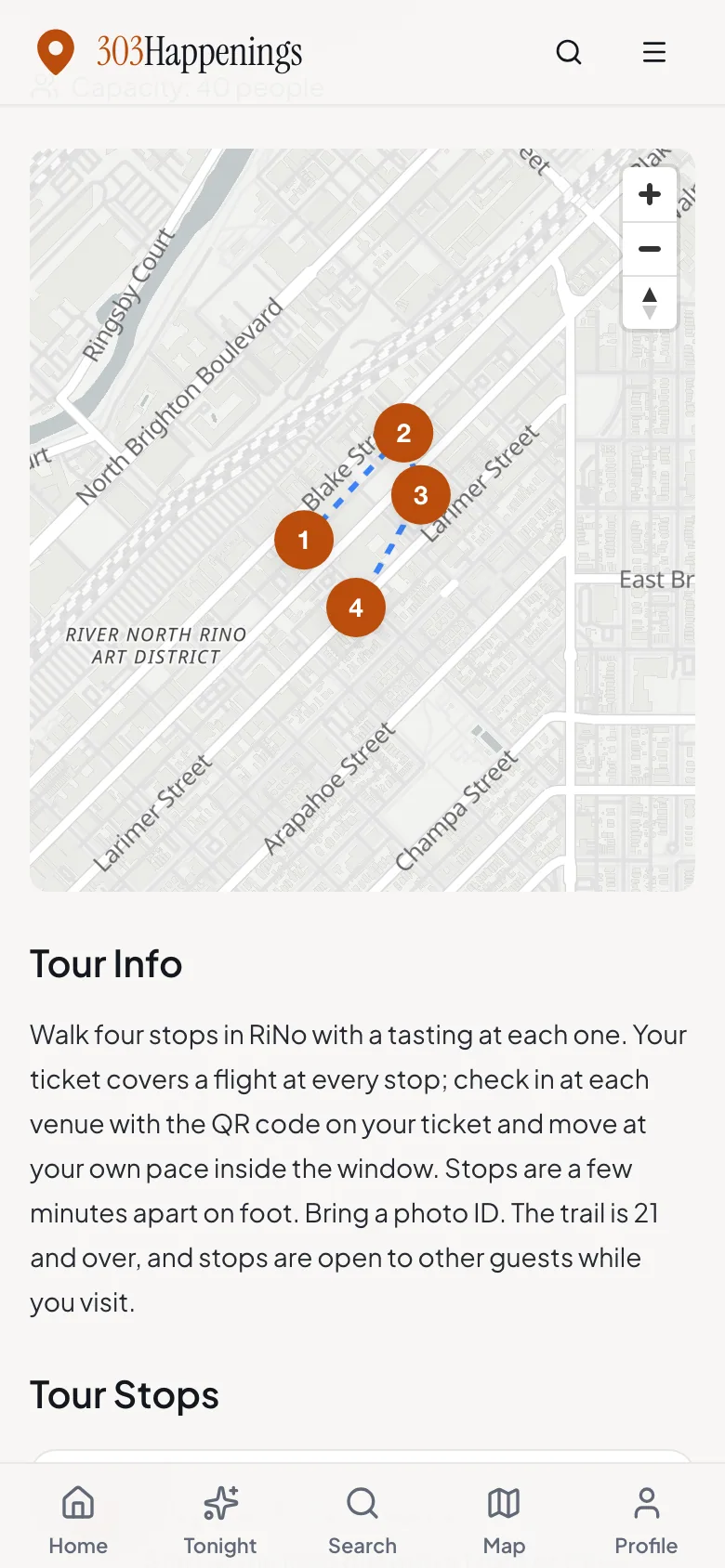 A tour page on a phone: a route map with four numbered stops above the tour description and the start of the stop-by-stop list.