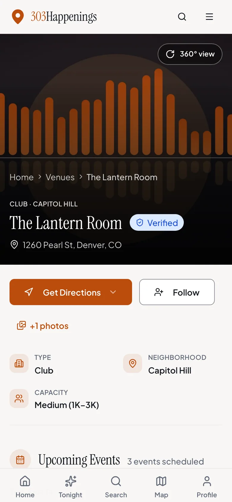 A venue page on a phone: a photo header with the venue name, address and a Verified badge, directions and follow buttons, venue facts and the start of the upcoming events list.